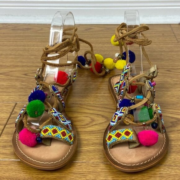 India Grace Pipa Boho Tie Up PomPom Gladiator Sandals Size 5 Sambag Charms Beach - Picture 13 of 16